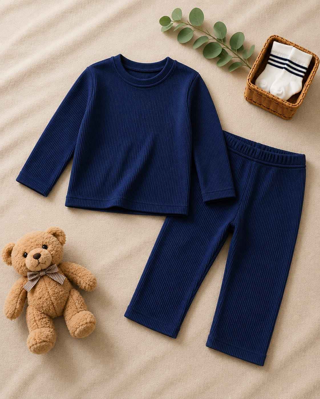 Plush Round Neck Style Ribbed Knit Sweat Set-Dark Blue