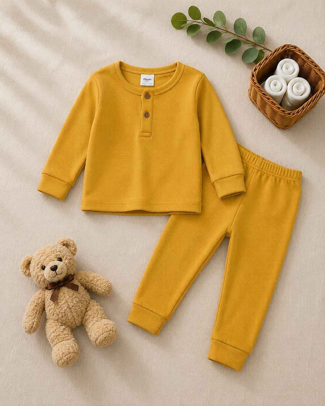Plush Round Neck Style Ribbed Knit Basic Set - Yellow