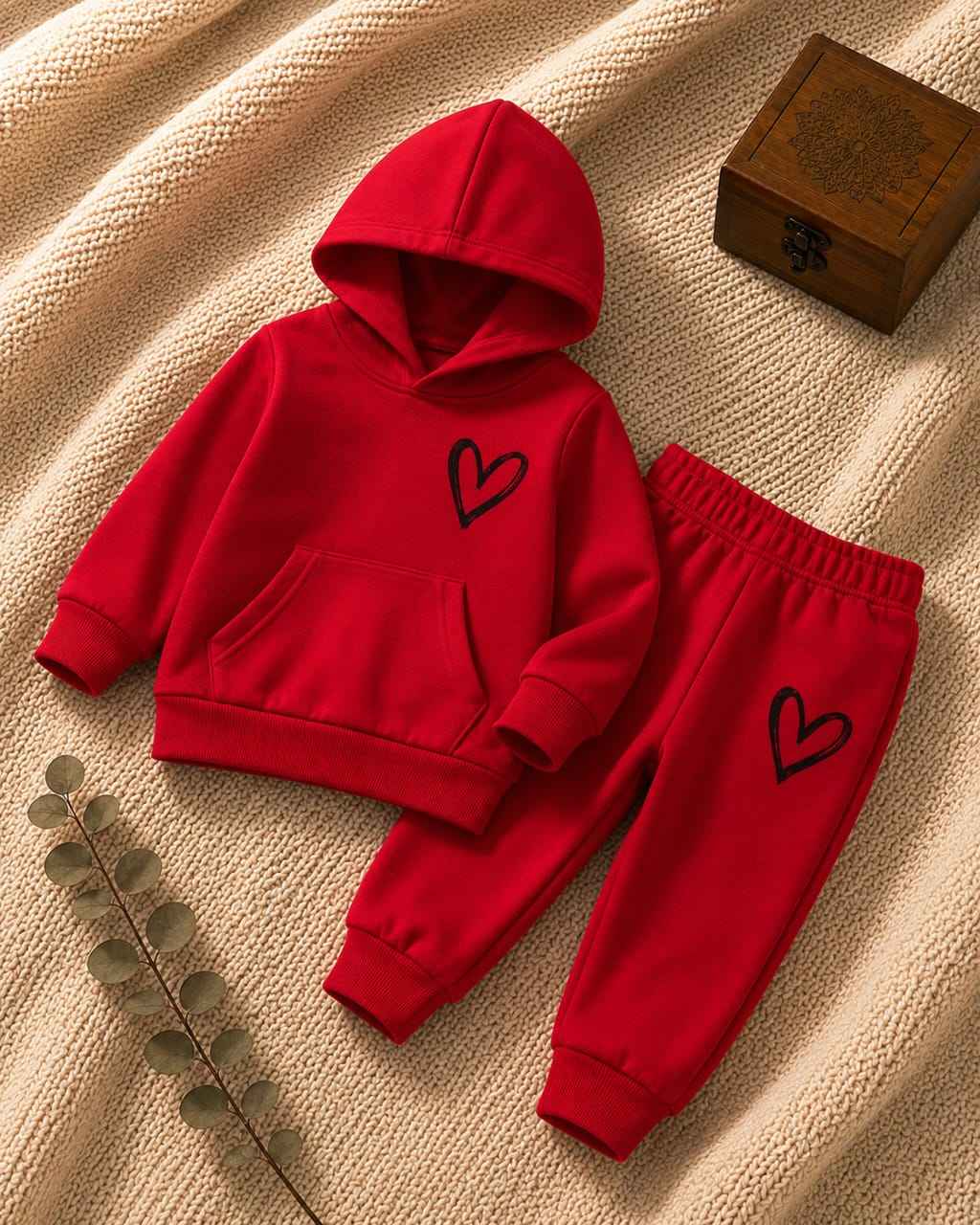 Plush  Hoodied Fleece Shirt & Trouser - Heart Basic in Red