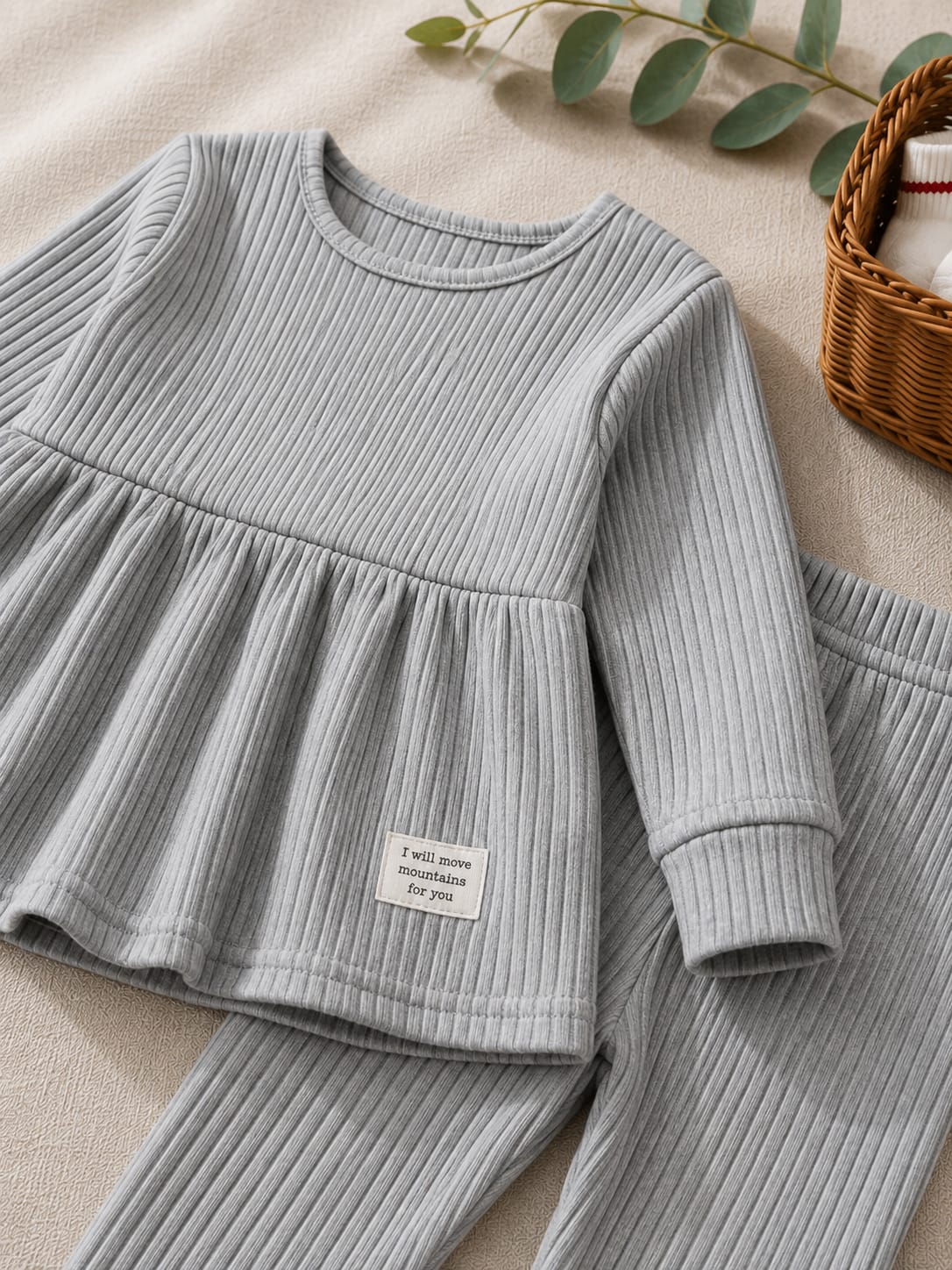 Plush-Ribbed Knit Frock with Cuff Trousers -  Grey