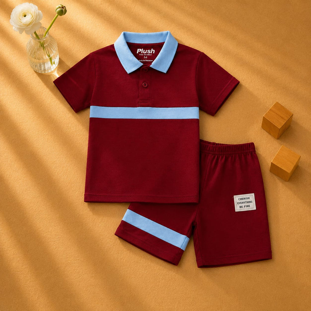 Plush-Baby Plaid Polo Shirt & Shorts-Red-Blue