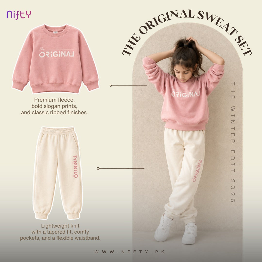 Pink kids sweatshirt and cream jogger set with The Original print