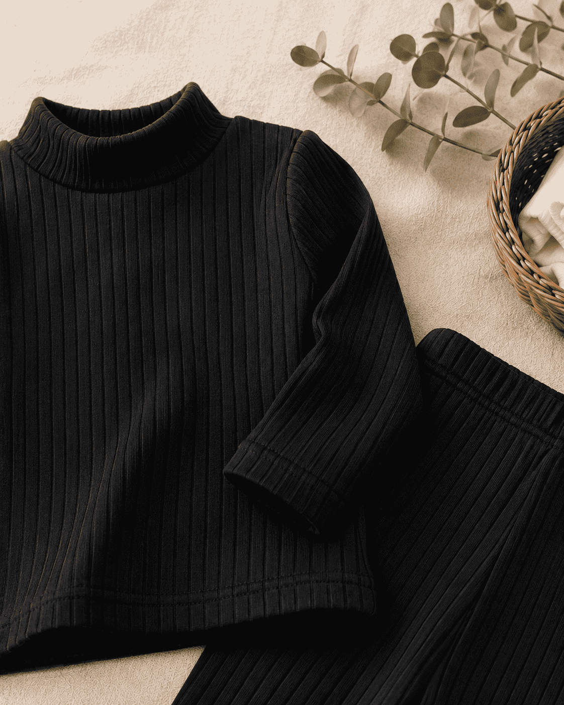 Plush High Neck Style Ribbed Knit Sweat Set - Black