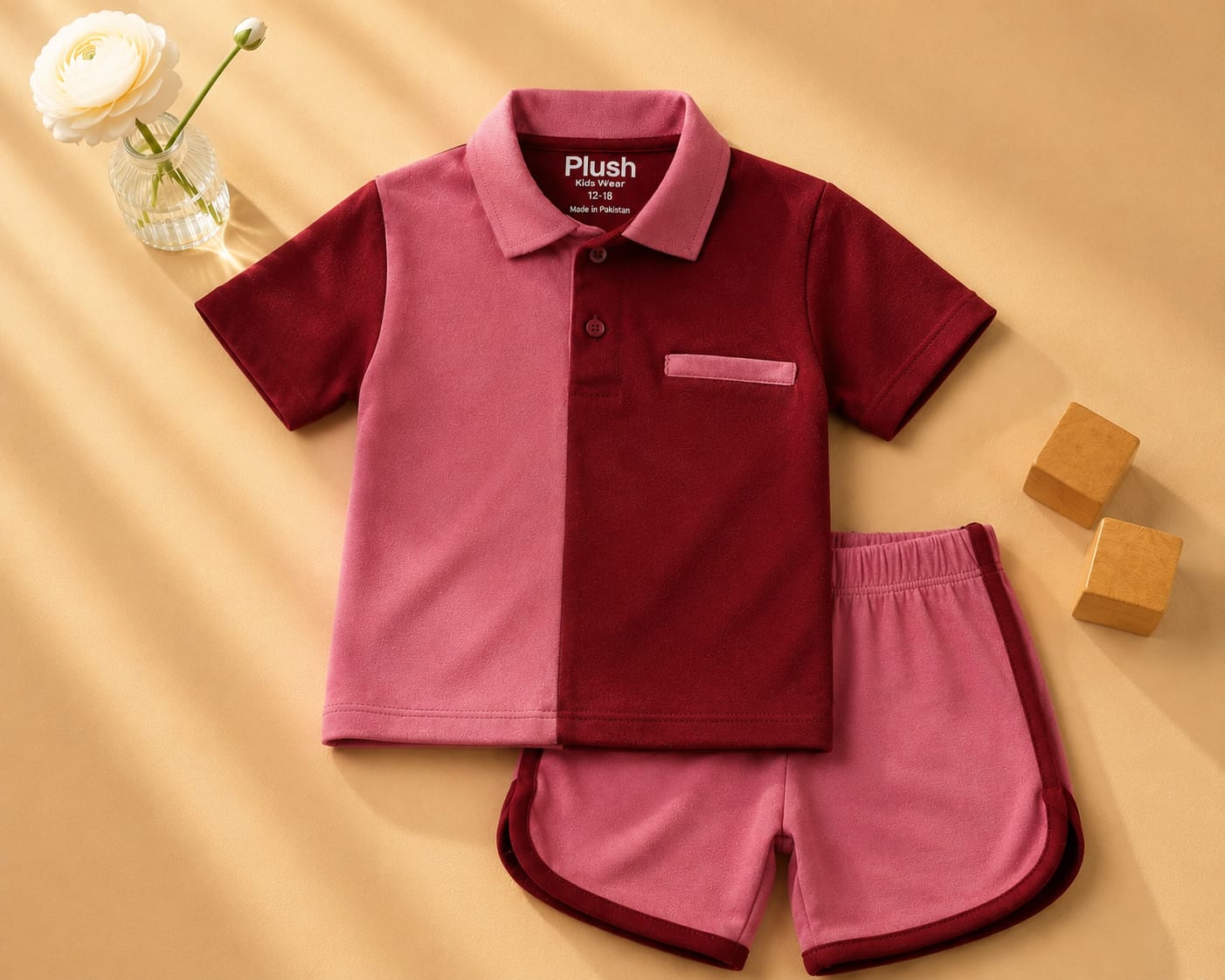 Plush-Baby Plaid Polo Shirt & Shorts-Red-Pink