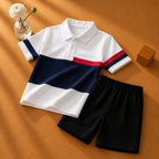 Plush-Baby Plaid Polo Shirt & Shorts-White/Red/Blue