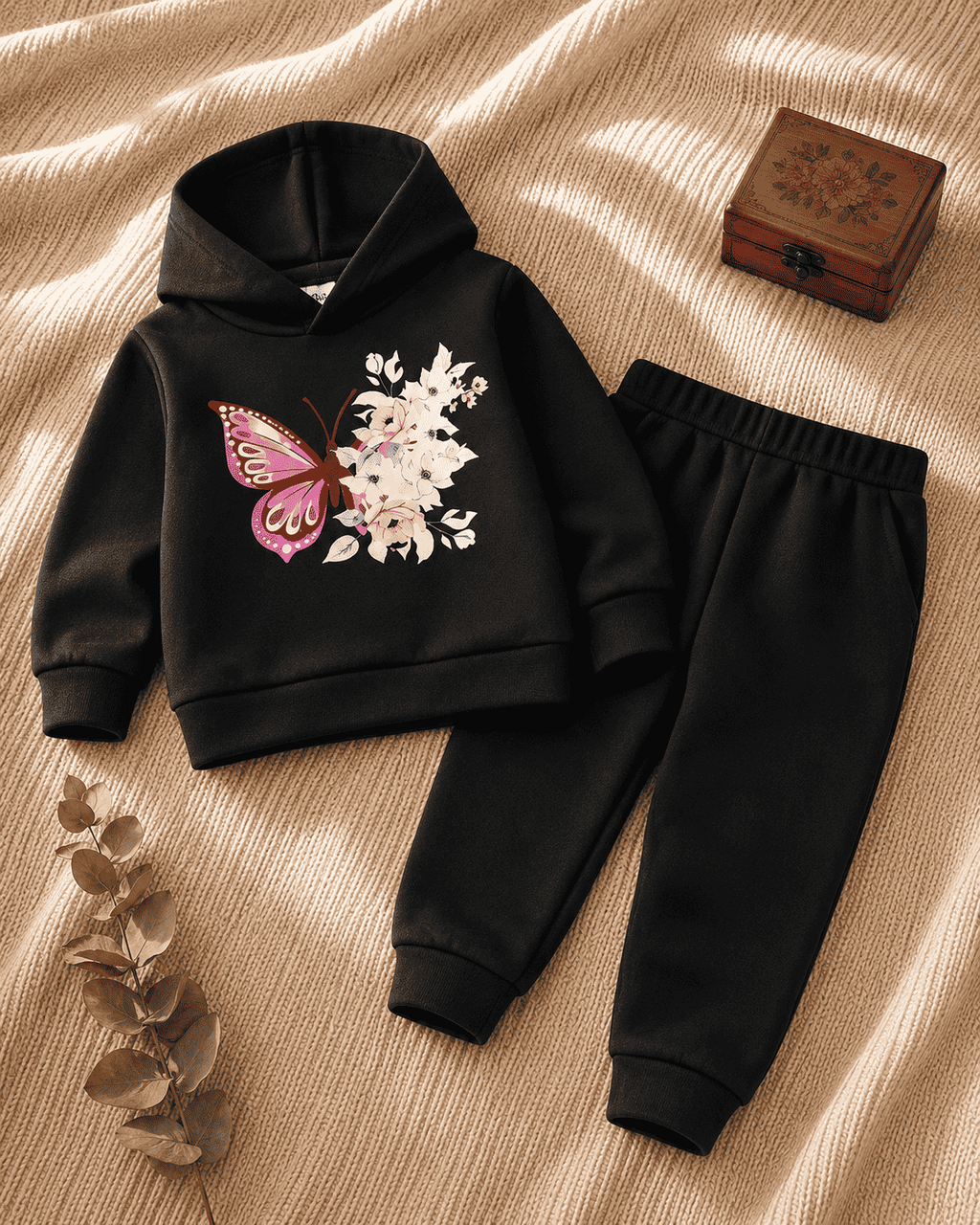 Plush-Hoodie Style - Butterfly Theme Fleece Sweat Set