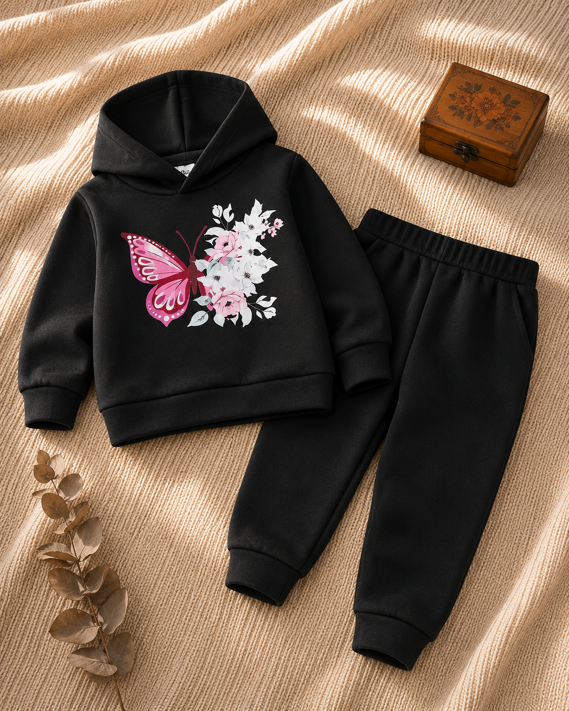 Plush-Hoodie Style - Butterfly Theme Fleece Sweat Set