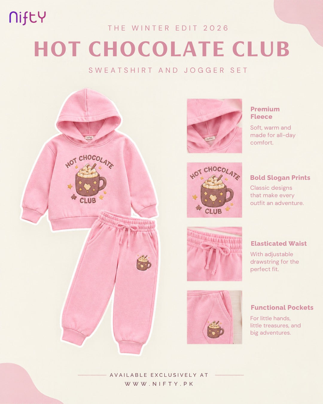Pink “Hot Chocolate Club” Kids Sweatshirt & Jogger Set