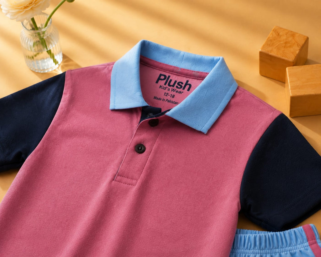 Plush-Baby Plaid Polo Shirt & Shorts-Pink-Blue