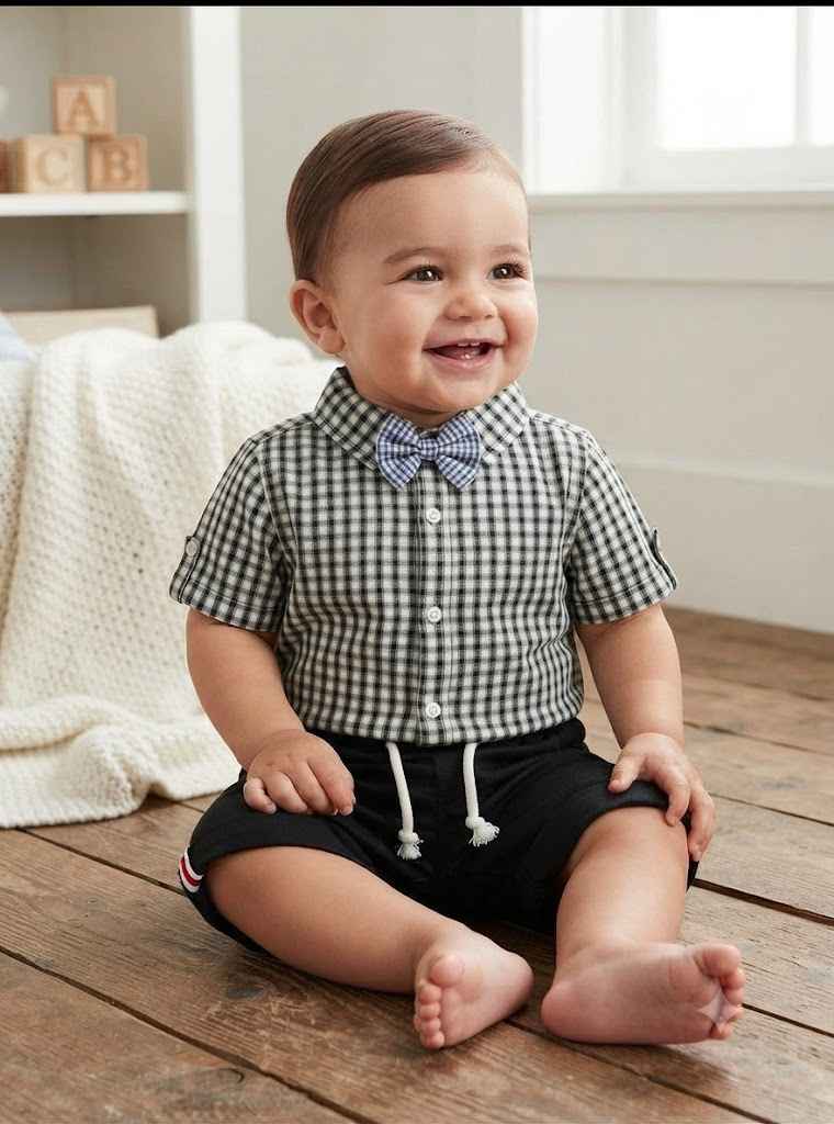 Black Check Baby Shirt Romper with Shorts