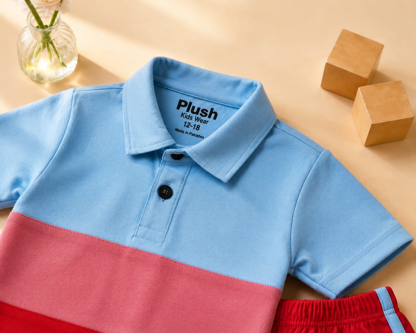 Plush-Baby Plaid Polo Shirt & Shorts-Red-Blue