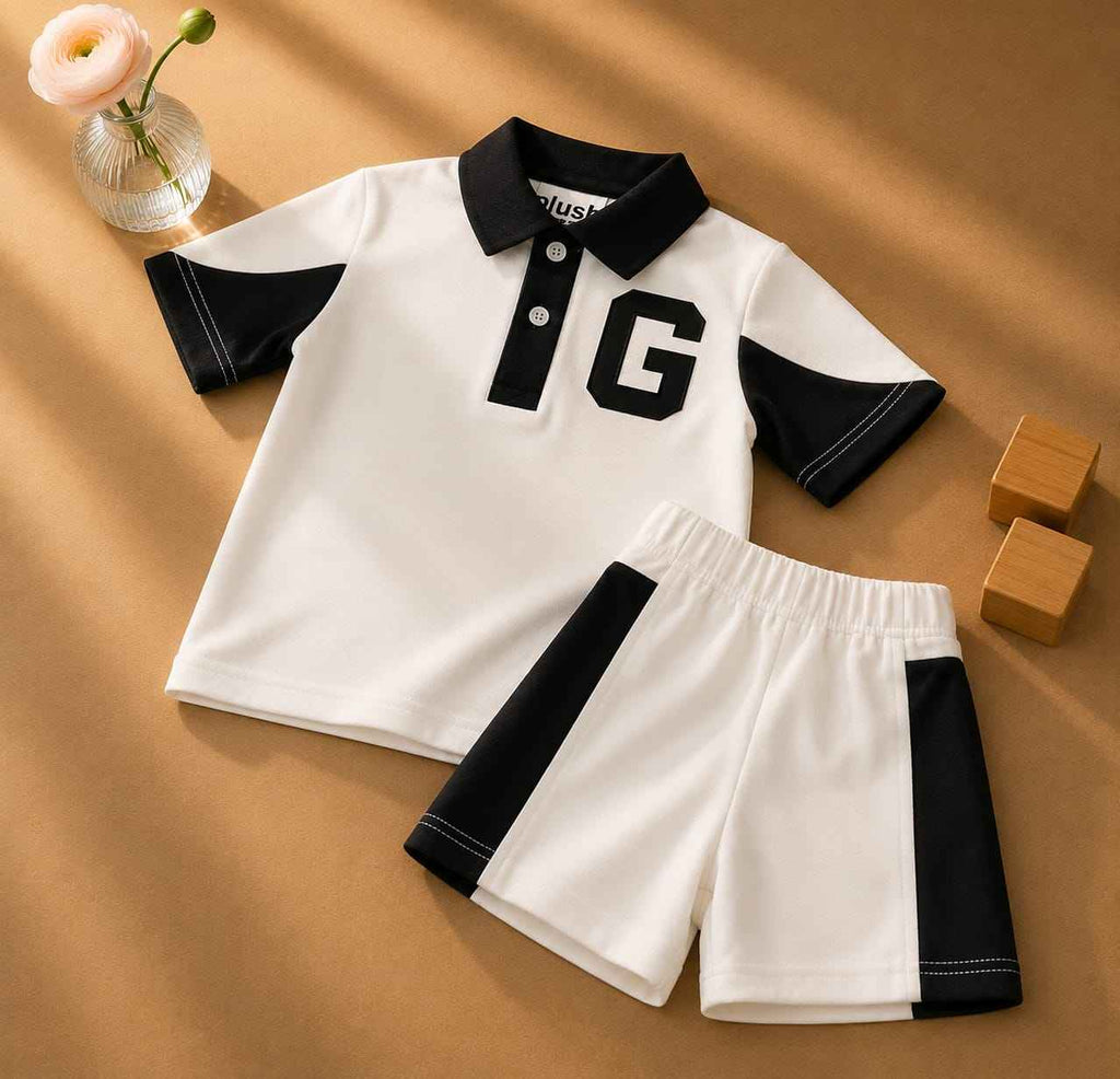 Plush-Baby Plaid Polo Shirt & Shorts-White