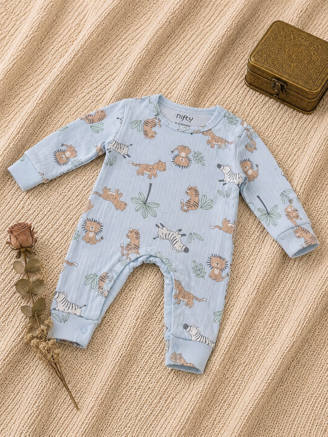 Blue baby romper with safari animal print