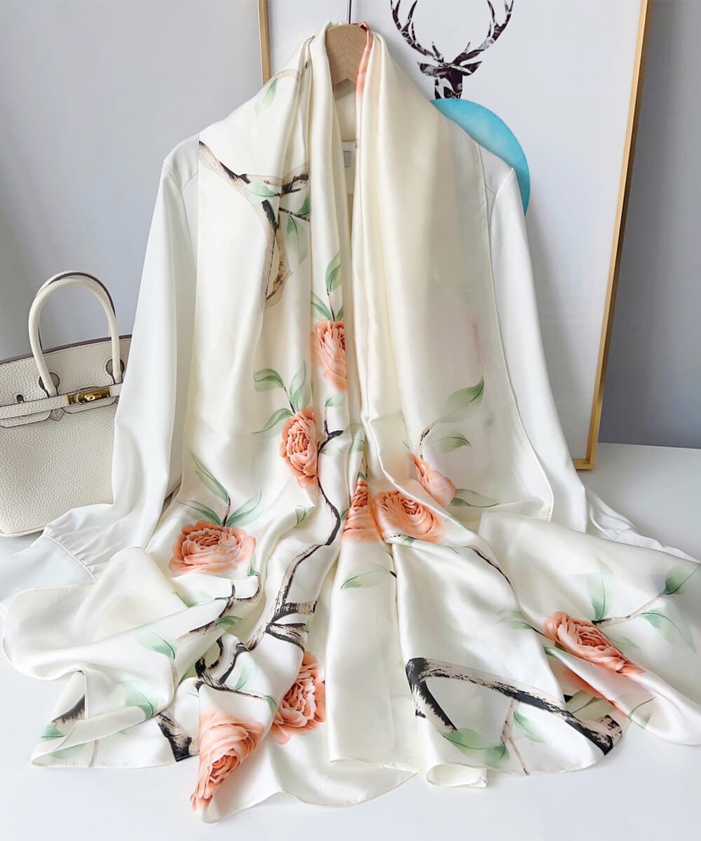 Cream silk-satin scarf with peach rose and green leaf botanical print