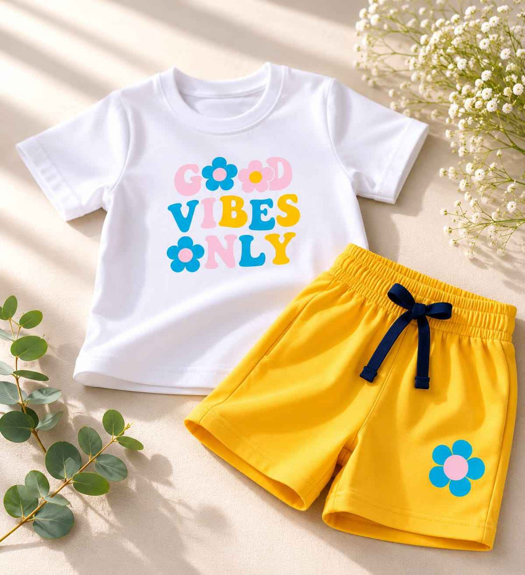 Girls White & Yellow "Good Vibes Only" T-Shirt & Shorts Set