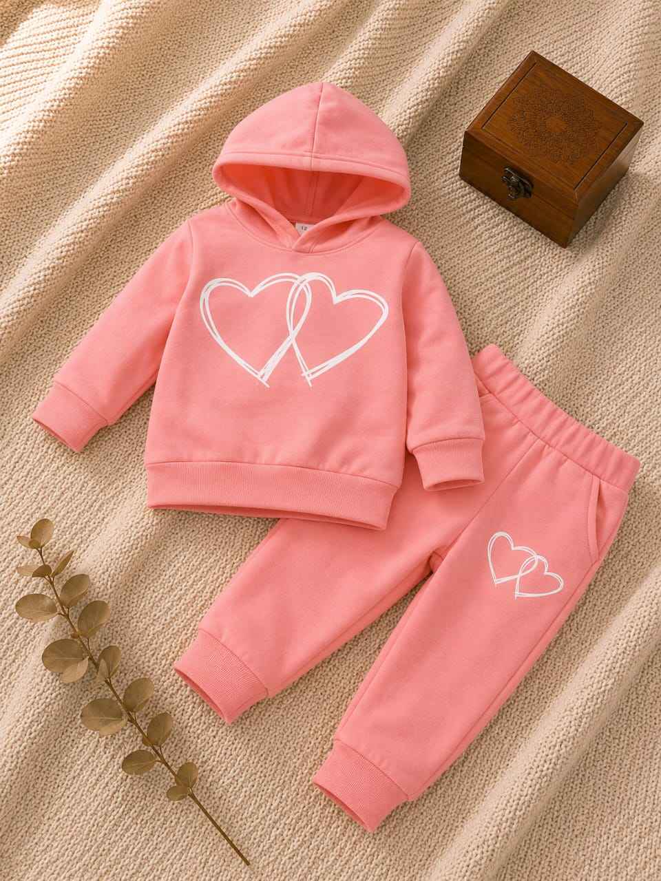 Plush Hoodie Style - Double Hearts Fleece Basic Set Pink