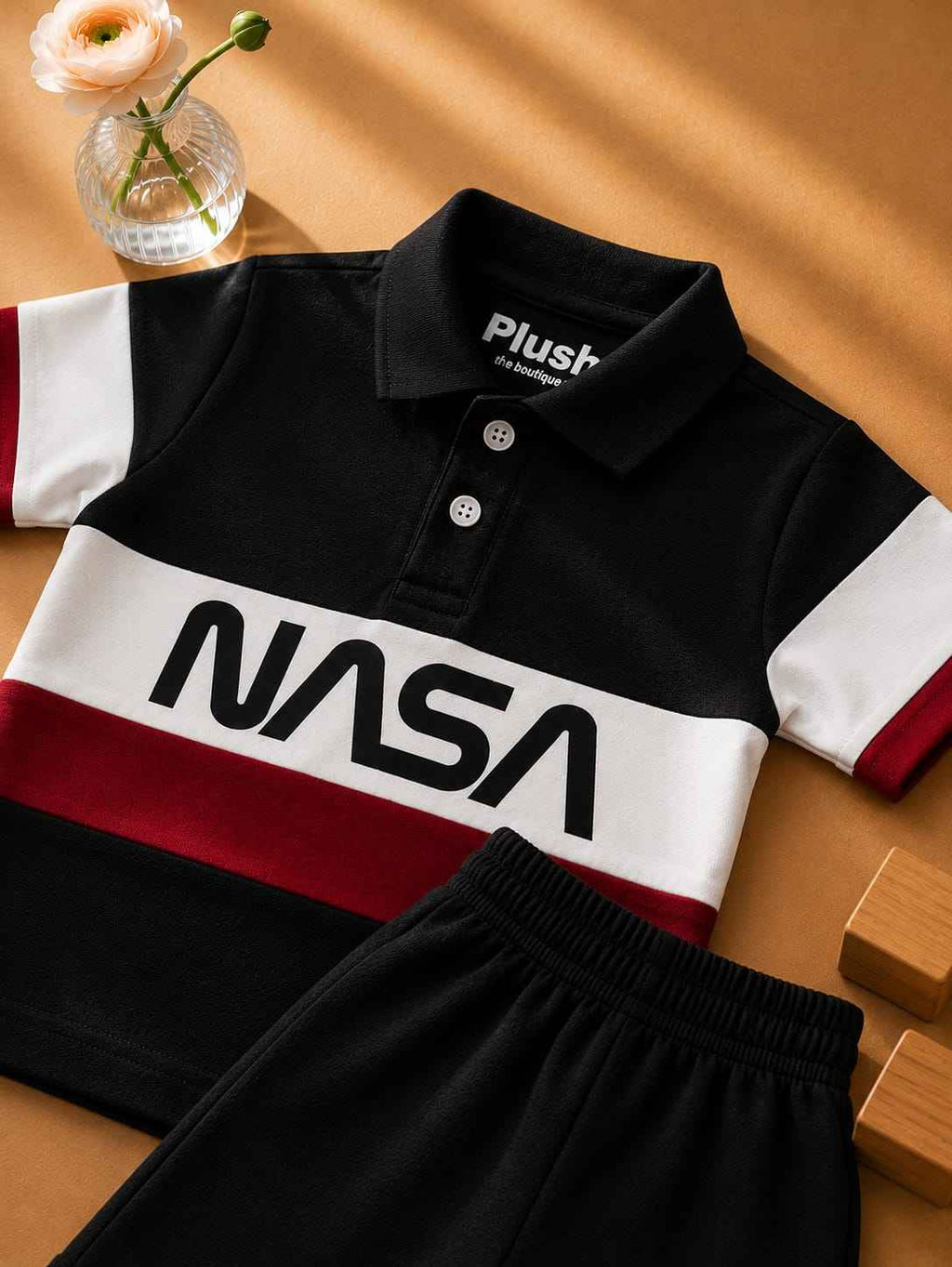 Plush-Baby Plaid Polo Shirt & Shorts-Black-White