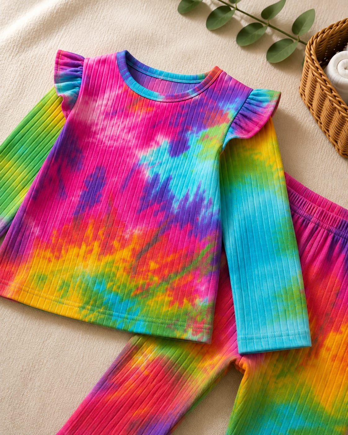 Plush Shoulder Frill Style Ribbed Knit Basic Set - Rainbow