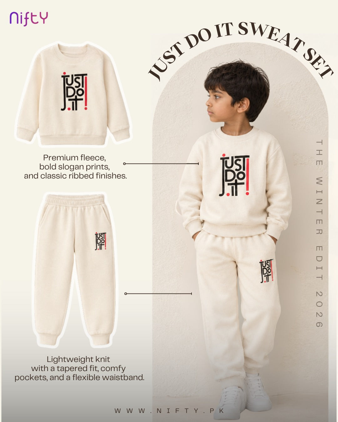 Cream kids sweatshirt and jogger set with bold black and red slogan print