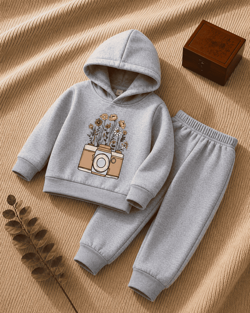 Plush-Camera on Flowers Fleece Sweat Set Grey