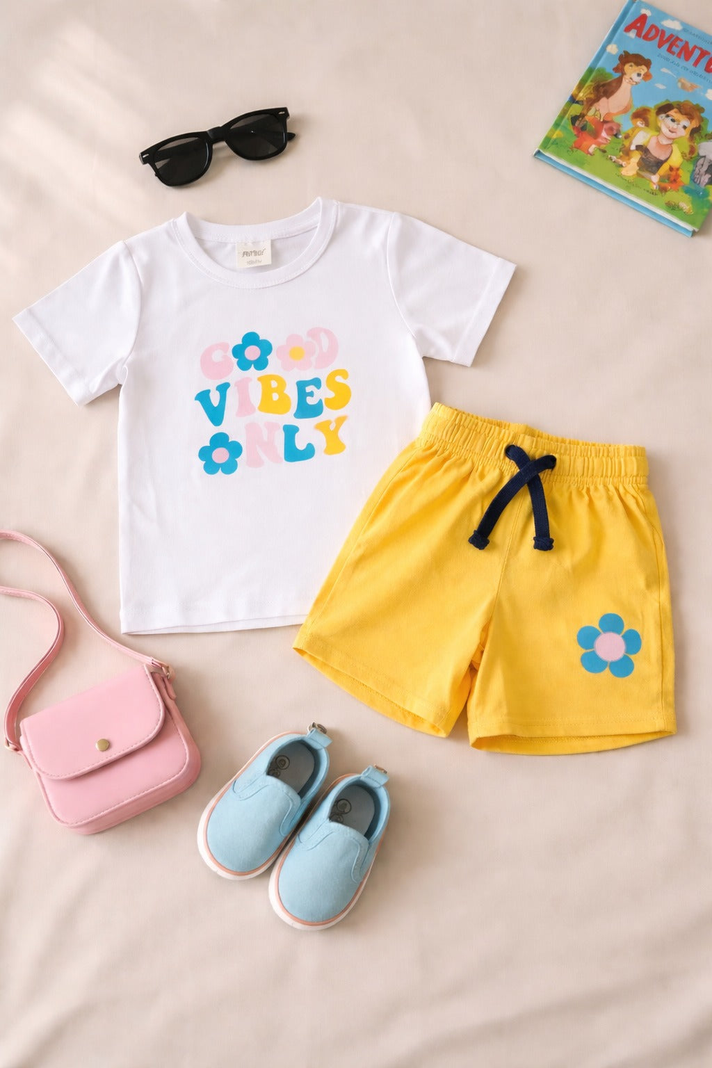 Kids white good vibes t-shirt with yellow shorts set