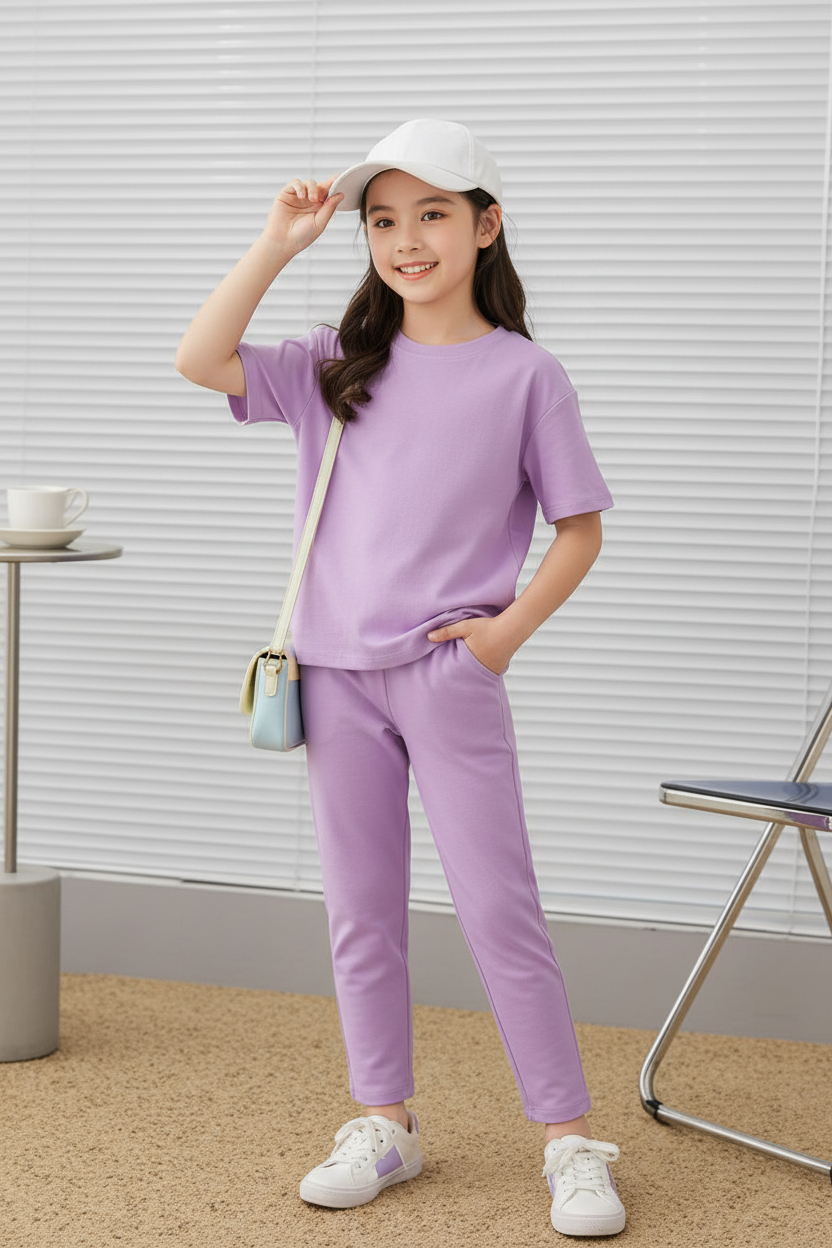 Girl wearing lavender t-shirt and leggings summer outfit