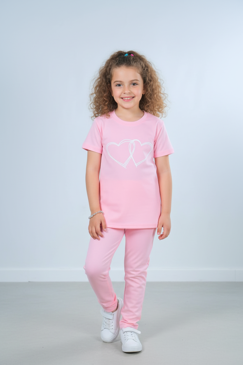 Girls pink t-shirt and leggings outfit set with heart print