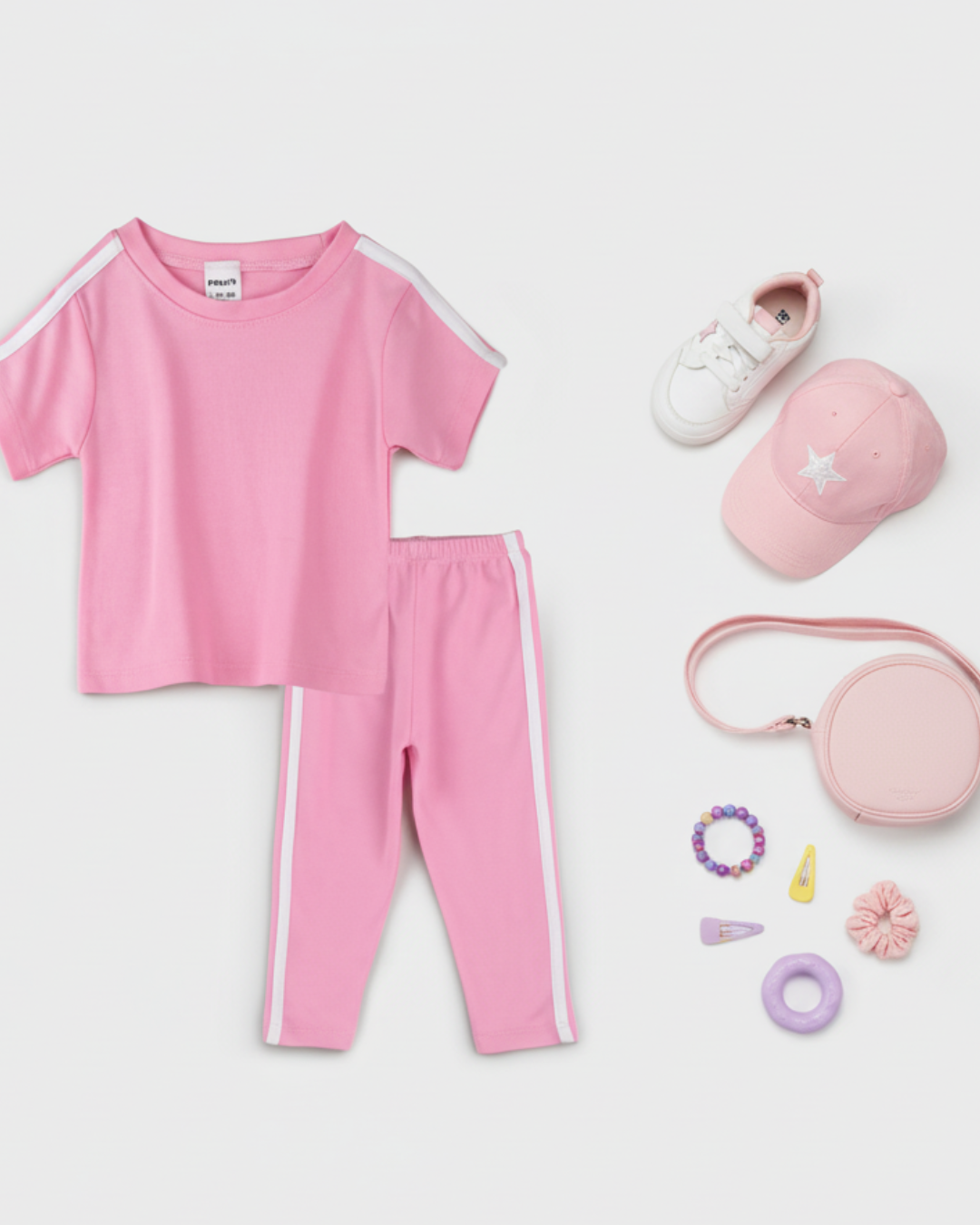 Girls pink t-shirt and leggings set with white side stripes