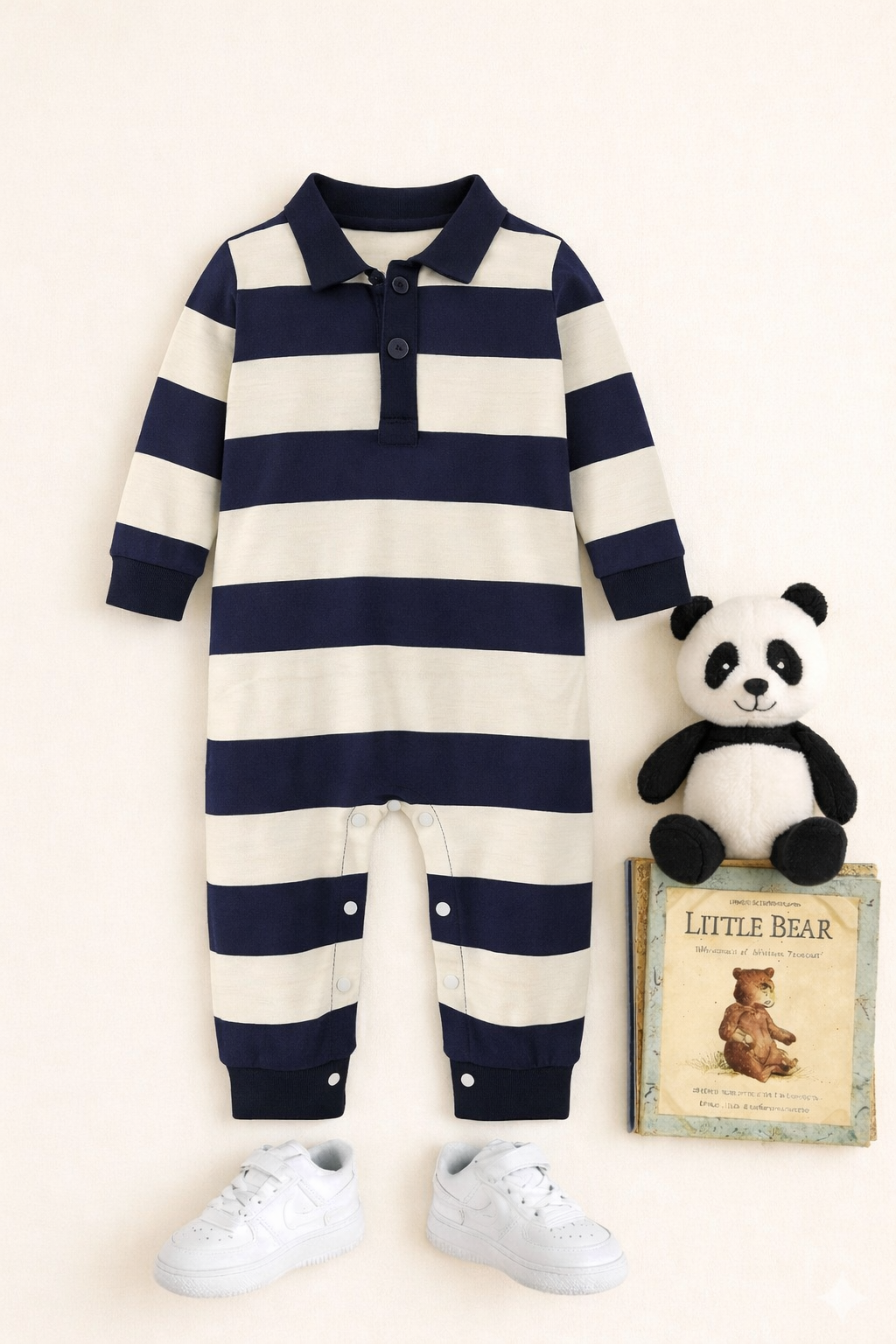 Plush-Polo Romper - Black & Cream Stripes