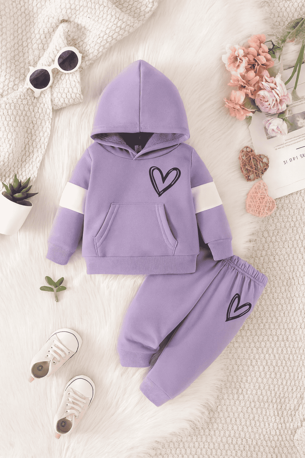 Plush Hoodied Fleece Shirt & Trouser - Basic Heart in Light Purple