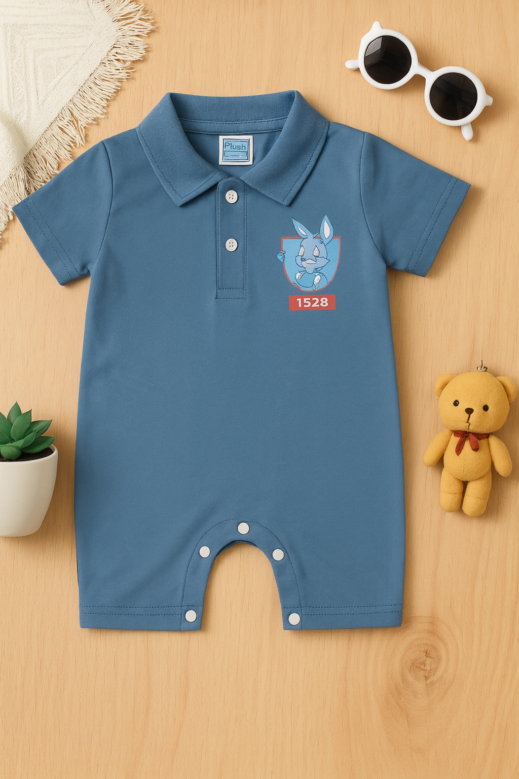 Plush-Polo Romper - Blue