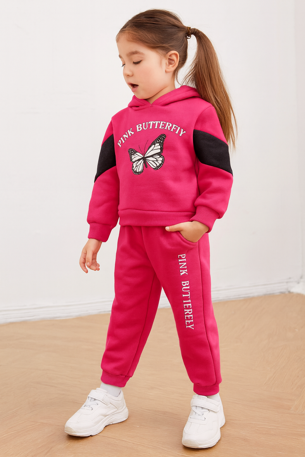 Plush  Hoodied Fleece Shirt & Trouser - Butterfly in Pink with Contrast Sleeves