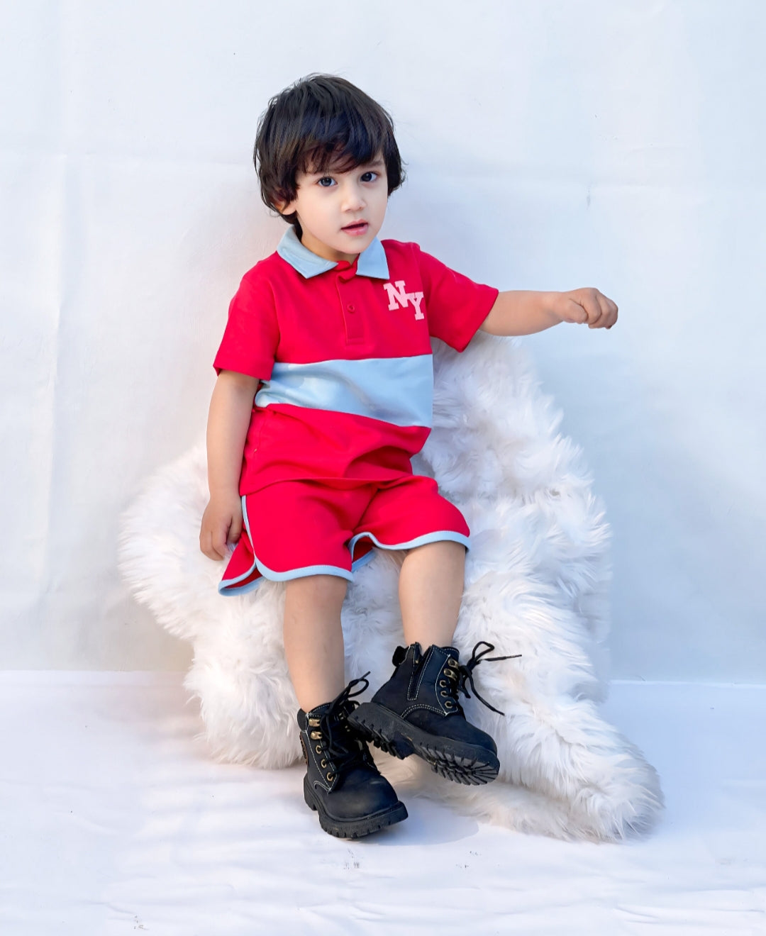 Plush-Baby Plaid Polo Shirt & Shorts-Red-Blue