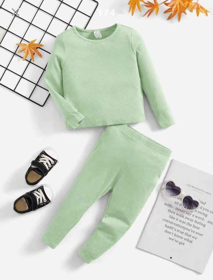 Plush Round Neck Style Ribbed Knit Sweat Set - Mint Green
