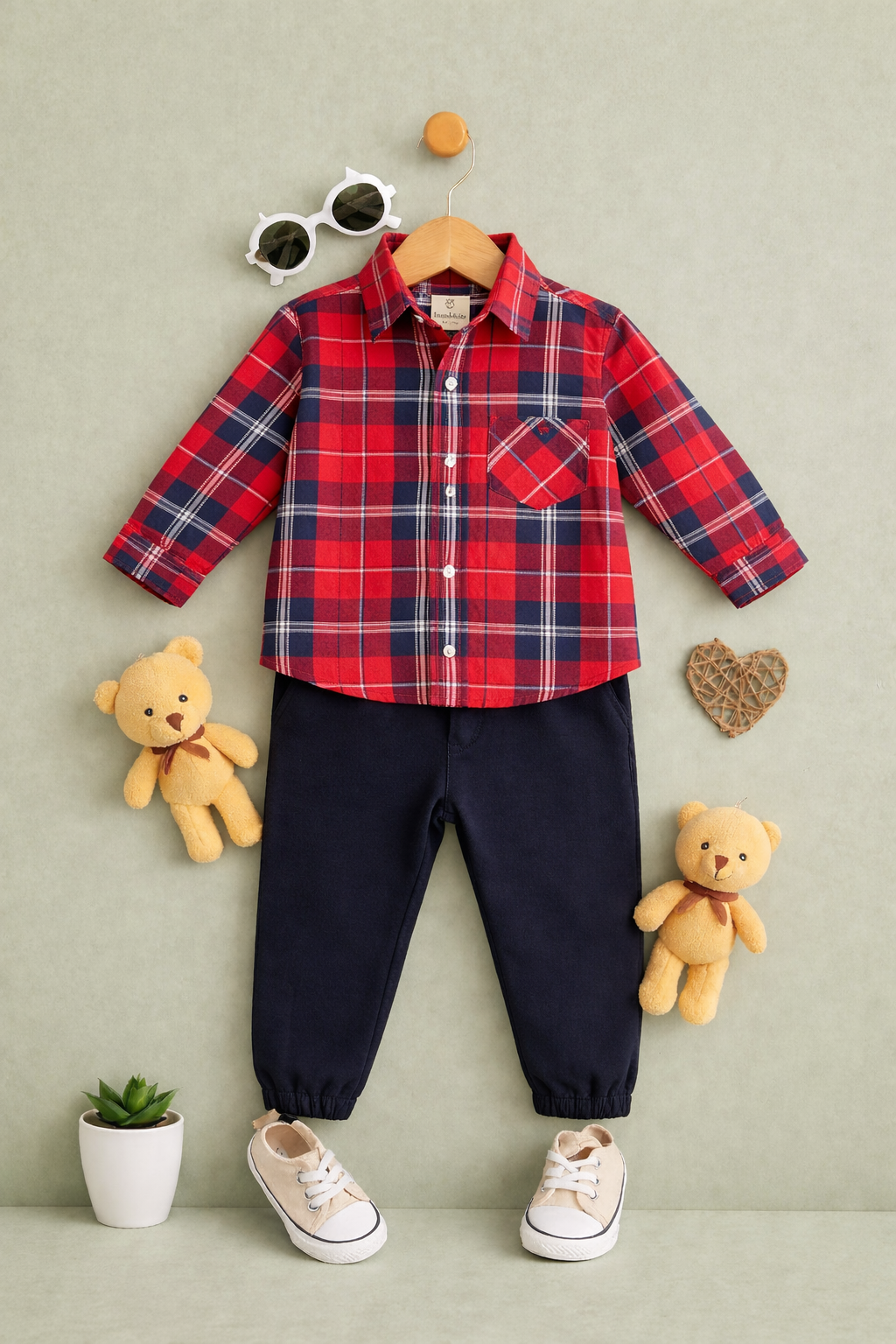 BOYS RED & NAVY PLAID SHIRT AND NAVY JOGGER SET