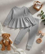 Plush-Ribbed Knit Frock with Cuff Trousers -  Grey