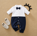 Plush-Polo Romper - White & Blue Contrast with Bowtie