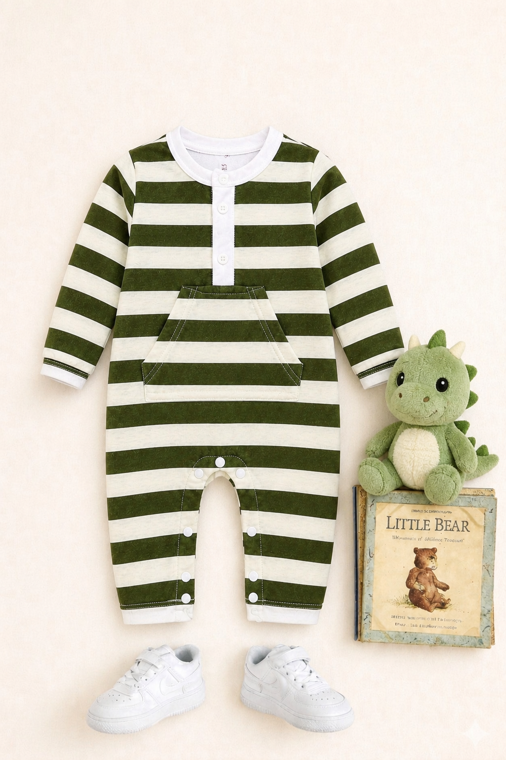 Plush-Printed Rompers - White N Green Stripes