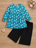 Mini Aura Blue Floral Print Top & Black Pant Set for Girls