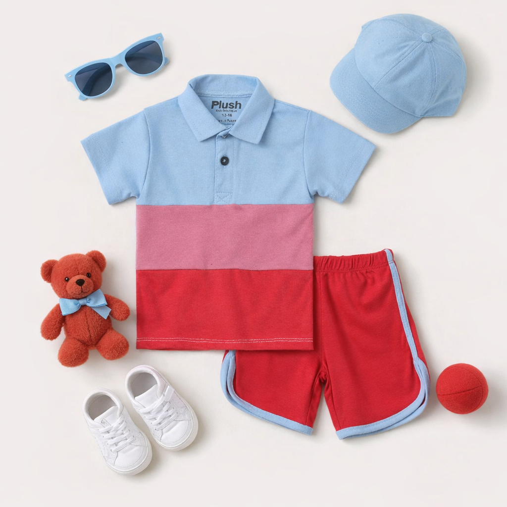 Plush-Baby Plaid Polo Shirt & Shorts-Red-Blue