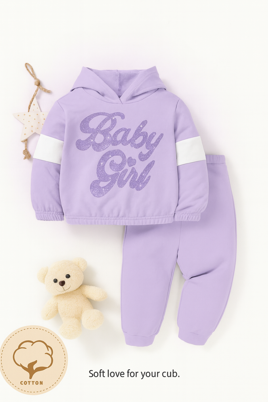 Plush  Hoodied Fleece Shirt & Trouser - Baby in Purple contrast