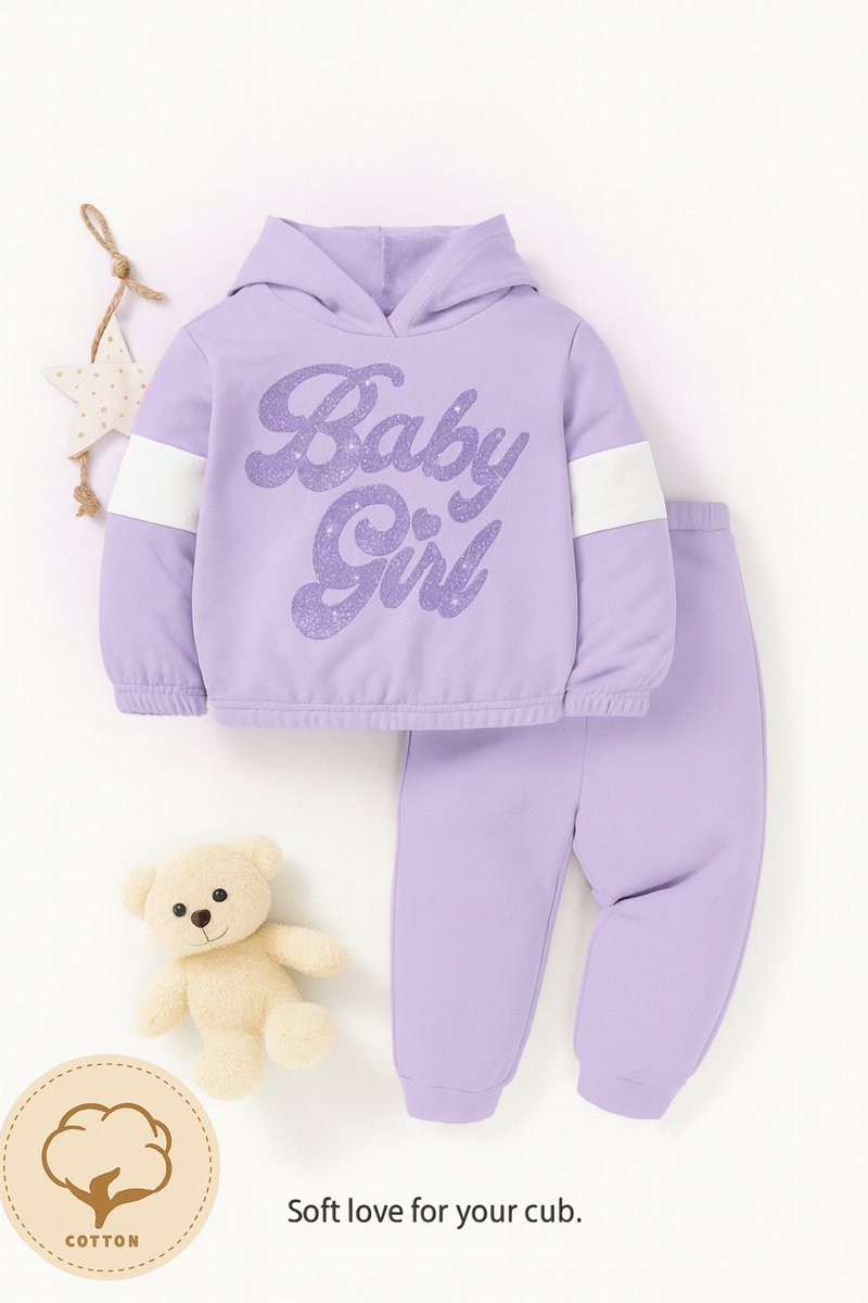 Plush  Hoodied Fleece Shirt & Trouser - Baby in Purple contrast
