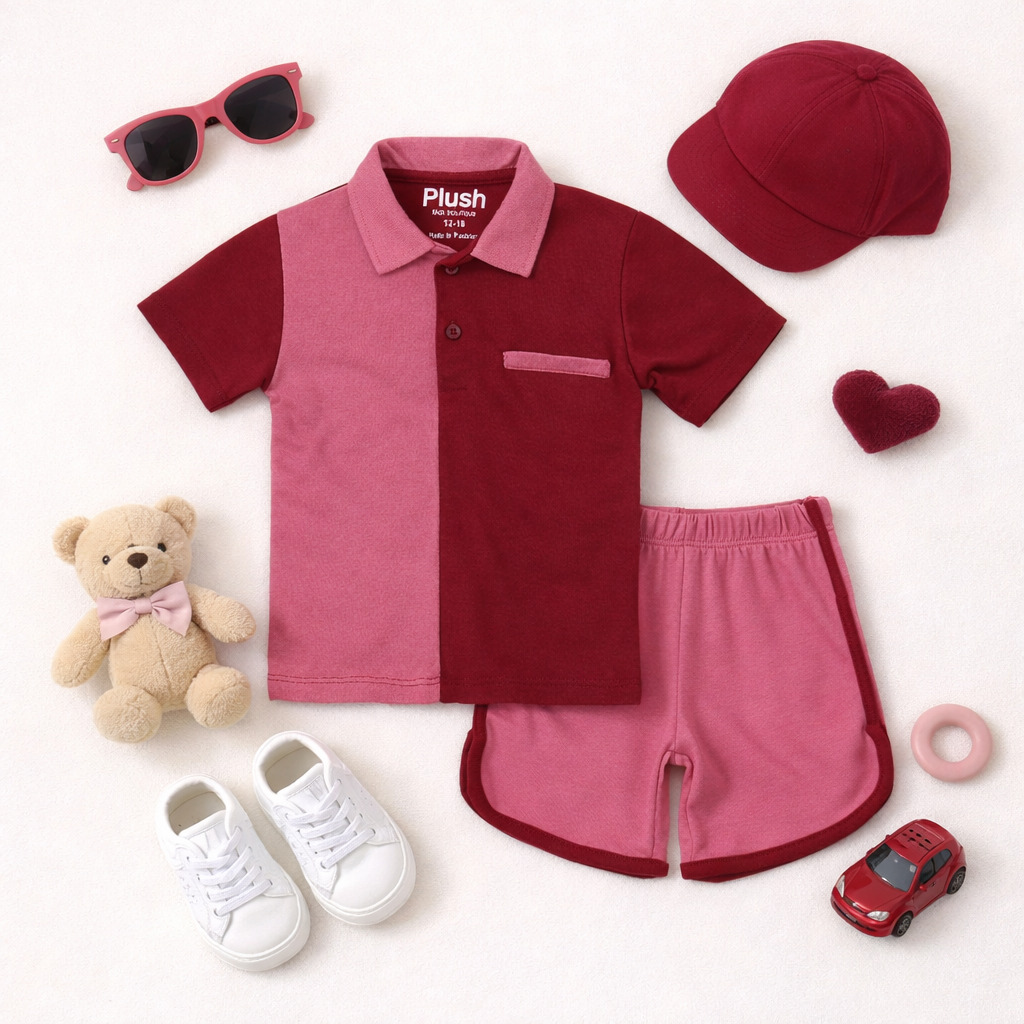 Plush-Baby Plaid Polo Shirt & Shorts-Red-Pink