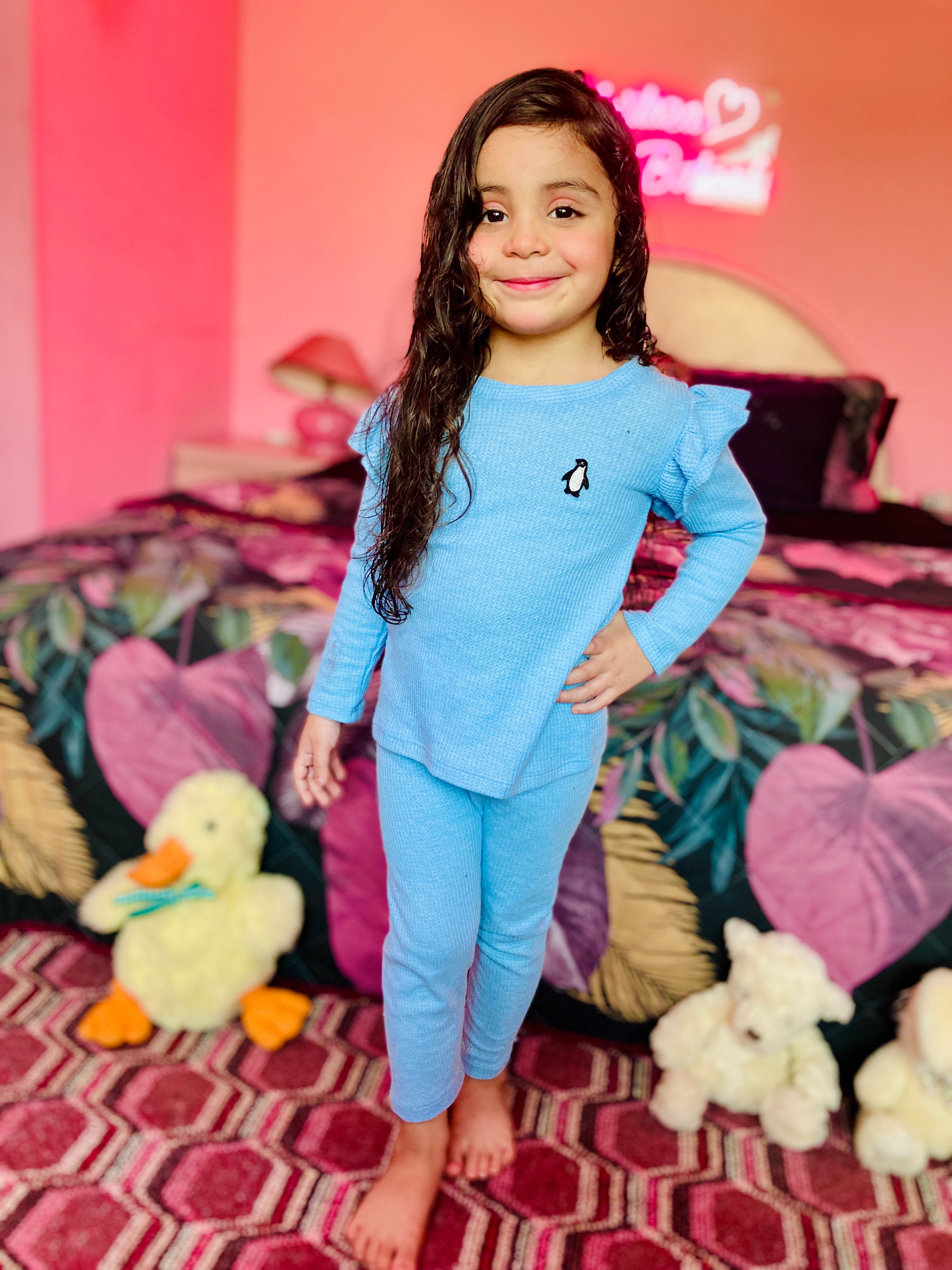 Plush-Waffle Textured Girls Frill PJ sets - Sky Blue