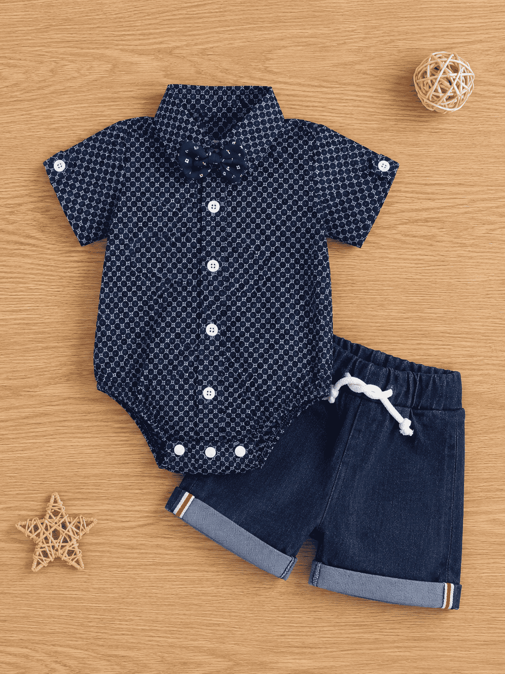 Mini Aura Navy Printed Bow-Tie Onesie with Denim Shorts for Baby Boy