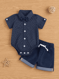 Mini Aura Navy Printed Bow-Tie Onesie with Denim Shorts for Baby Boy