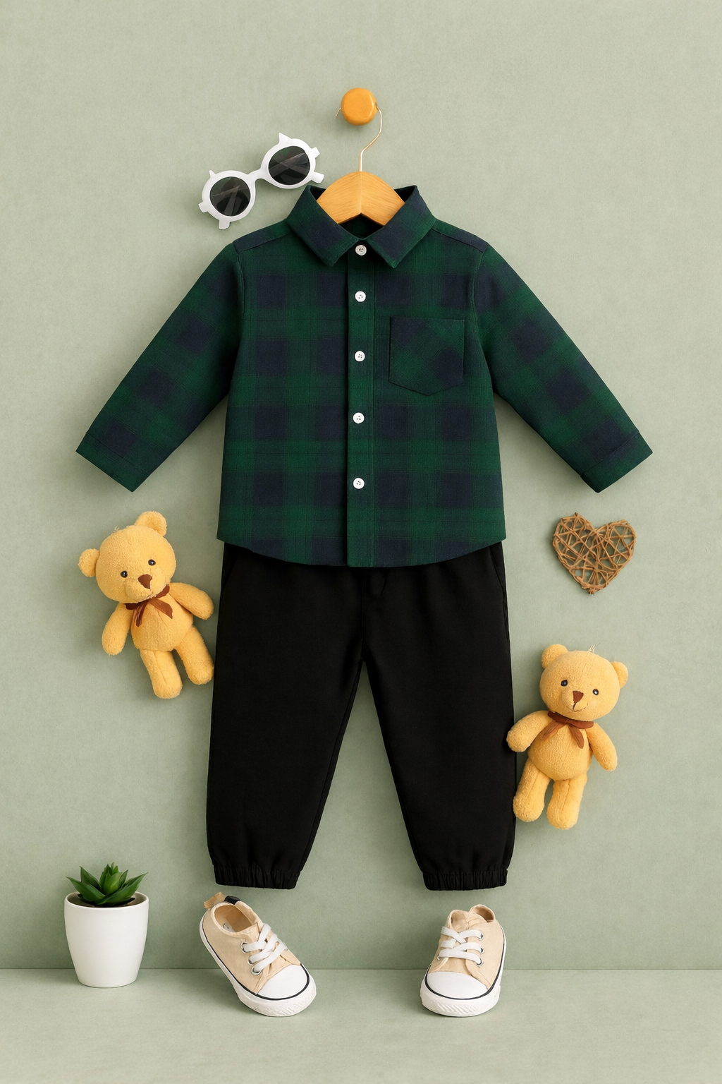 BOYS GREEN & BLUE PLAID SHIRT WITH BLACK JOGGER SET