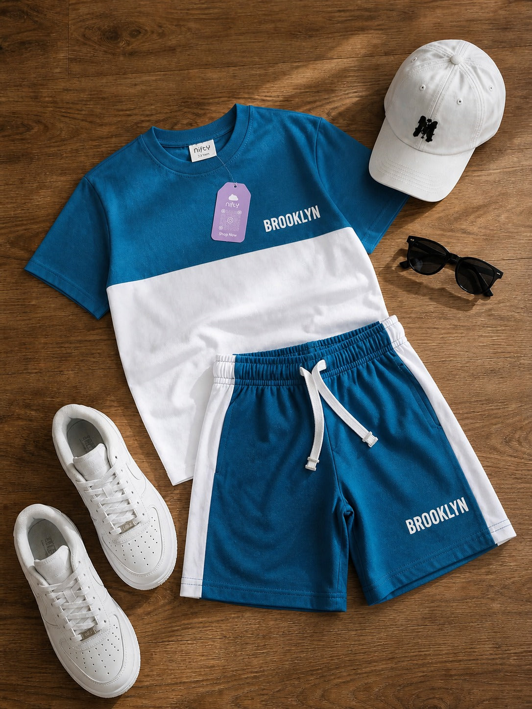 Nifty Basics Boys T-Shirt and Shorts Set (Brooklyn) – Teal & White
