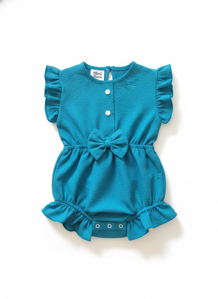 Mini Aura Girls Textured Frill Romper – Teal Blue