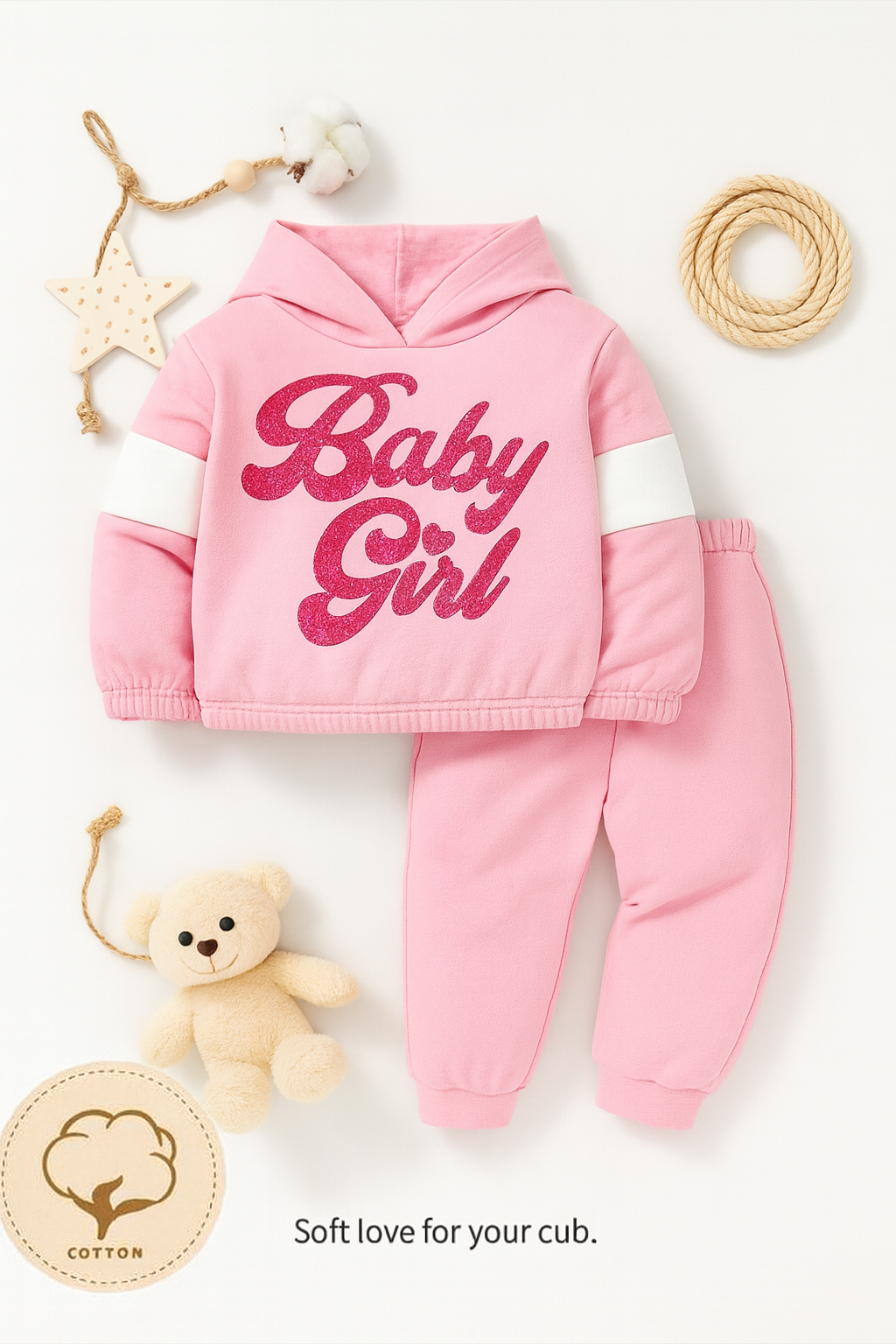 Plush Hoodied Fleece Shirt & Trouser - Baby in Pink contrast